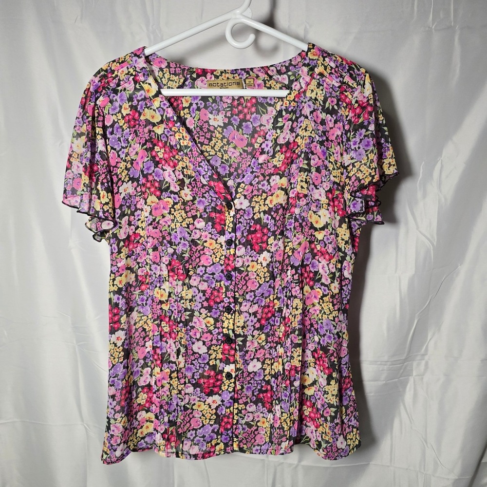 Notations‎ Woman Womens 1X Pink Purple Floral Flutter Sleeve Blouse